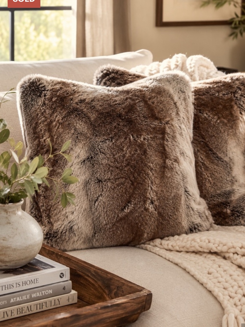 Pottery Barn Faux Fur Accent Pillow Covers in Brown and Cream